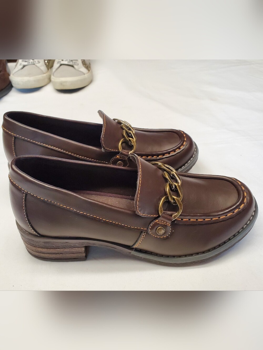 Eastland Nora Women's 6.5 Brown Leather Chain Loafer Chunky Block Heel - Picture 5 of 7